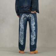 Evisu Jeans Men Street Ripped Print High Waist Loose Straight Jeans Men