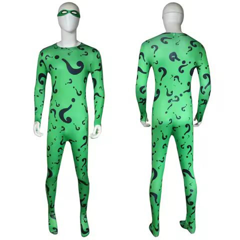 Adult Men Jumpsuit Mask Headgear Outfits Tights Edward Nygma for Forever Batman Riddler Performance 
