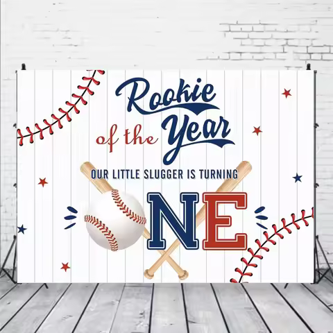 Baseball-themed 1st Birthday Party Backdrop - Rookie of the Year design, blue mahogany hitter, polye