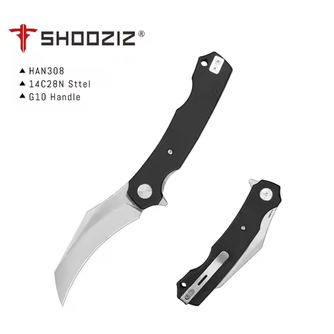 Shooziz-HAN308,Hawkbill Folding Pikal Knife for EDC Men，3.15"14C28N Steel Flipper Blade，Ultem/G10 Ha