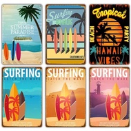 Tanda Logam Vintage Hawaii Surf Time - Poster Seni Dinding Pantai Tepi Laut untuk Bar, Pub, Kelab, K