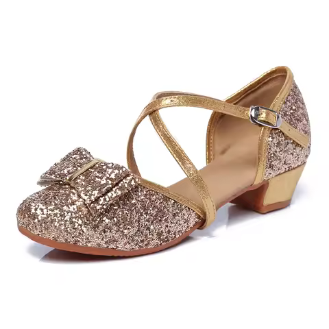 Glitter Girls Princess Shoes,Low Heel Mary Jane Round Head Big Bow Sequined Wedding Party Dress Kids