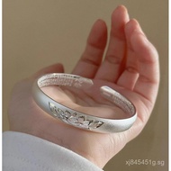 Heart Sutra New Matte Silver Lotus Open Bracelet999.9Matte Bracelet Solid Sterling Silver for Women 