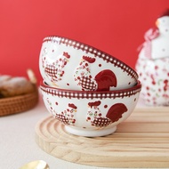 Ins Style Tableware Red Floral Chicken Ceramic Bowl Rice Bowl Salad Bowl Ceramic Bowl Household Crea
