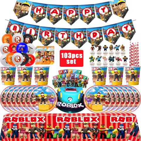 Roblox Birthday Party Decor Set Game Tableware Gift Bag Tablecloth Balloon Cake Topper Backdrop Baby