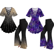 Rosegal-women's Crisscross V-neck T-shirt And Flare Pants, Matching Set, Plus Size, Flare Pants, Sum