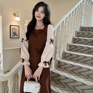 Dress Panjang Hijab Friendly Nilon Coklat Lengan Pita2 Retro Vintage Premium Korea