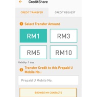 Umobile Credit Share Topup RM 5, Rm 10