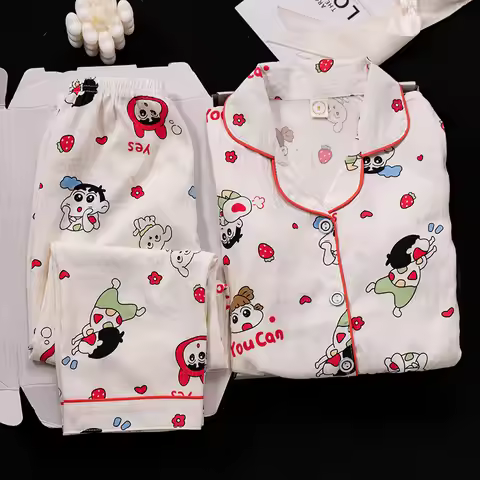 Spring 2Pcs Cartoon Crayon Shin-Chan Children Pajamas Set Fashion Girls Long-Sleeved Tops Pants Fash