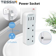 TESSAN TS222 2 Way Extension Plug Power Socket With 3 USB Port Output 3A Fast Charging Adaport Wall Socket  Extension Plug  13A UK 3 Pin Extension Power Socket （Gray-White）