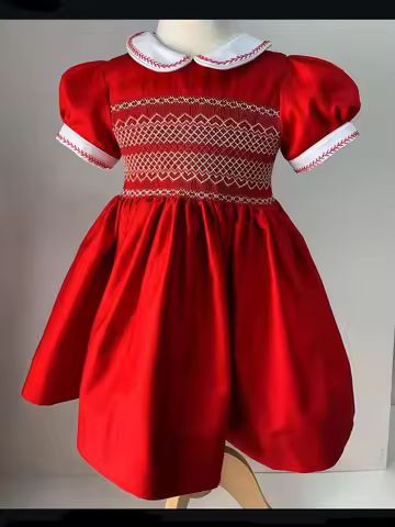 0-12Y Baby Girl Red Handmade Embroidery Smocked Dress for Christmas Eid Birthday Holiday Photography