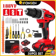 IFONSEN 188VF Cordless Impact Drill 2 Drill BatterIes 3 Mode 2 Speed Rechargeable Cordless Electric Screwdriver Impact Drill 1+25 Torque Adjustment/LED Lighting/Power Display Drill Machine