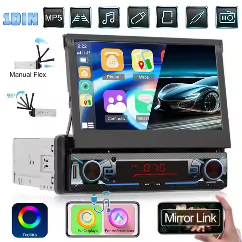 7'' Car Stereo Foldable 1Din Car MP5 Player w/ Android Auto & Wired Carplayer and Mirror Link Fast C