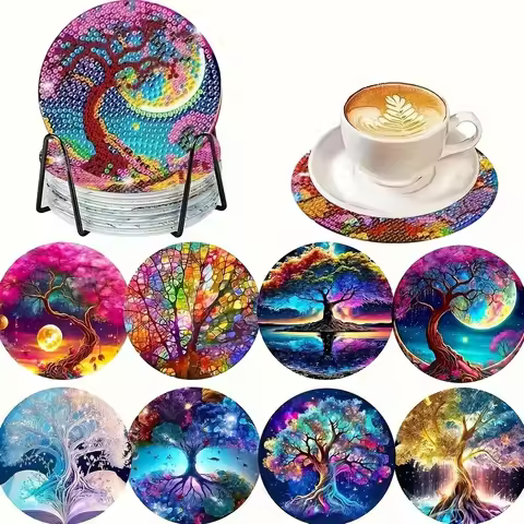 8-piece diamond painting coaster set, art coaster, 10cm wooden coaster with bracket, waterproof home