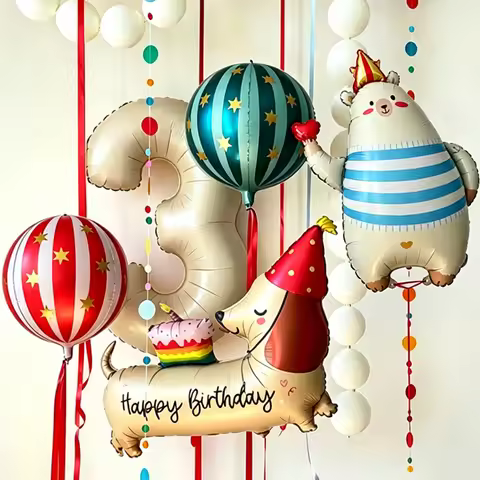 Circus Themed Balloon Set, Milk White Number Balloon, Bear Balloon, and Dog Shaped Balloons, for Bir