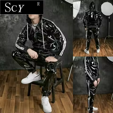 Men's and women's PU leather Hoodie suit leisure sportswear Hoodie jogging suit sportswear men's sui