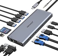 USB C Docking Station Dual Monitor for Dell/HP/Lenovo/Surface Laptop, 14 in 1 Triple Display Hub Multiple Adapter, Dongle with 2 HDMI 4K+VGA+5 Port+100W PD Charger+Ethernet+SD/TF+Audio
