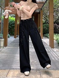 [Zestiva] trơn basic Y2k Quần dài quần túi hộp nữ quần ống rộng nữ 3.7