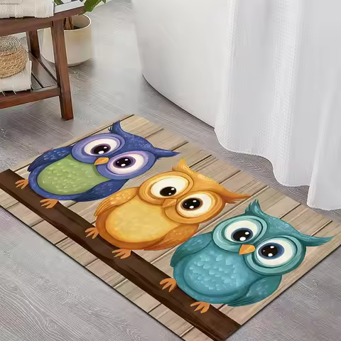 1pc 2D Flat Three Colorful Owls Cartoon Wood Branch Flannel Bath Mat Non Slip Cute Bird Rug For Bath