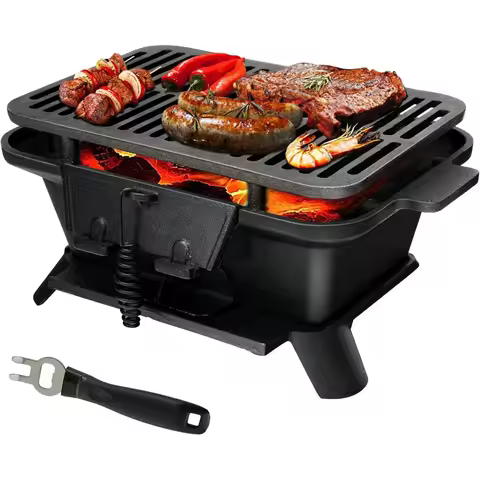 Portable Hibachi Grill, Double-Sided Cast Iron with Adjustable Air Vents & Fire Gate,