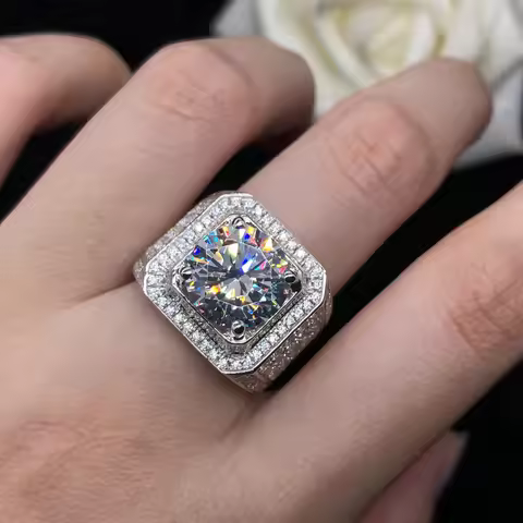 New Platinum PT950 Ring Four-Claw Men's Ring 5 Carat Mosanite Stone Diamond Ring Fashionable and Sim