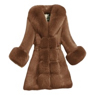 Mid-aged Women Coat Fuzzy Faux Fur Slim Fit V Neck Celebrity Prom Banquet Overcoat Elastic Waist Mid