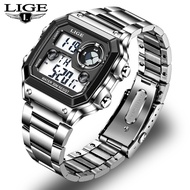 LIGE Terbaru Digital Jam Tangan Pria Original Besi tahan karat Anti Air Kalender Sports Jam Tangan