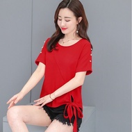 Chiffon Shirt Women Short-Sleeved 2020 Korean Version Loose Lace-Up Cover Belly Top Fashionable Small Shirt T-Shirt/Cola 1.9