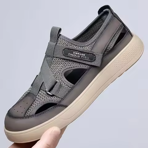 Summer New Designer Leather Sandal Black Khaki Gray Casual Shoes For Men Soft hole Ultralight Sandal
