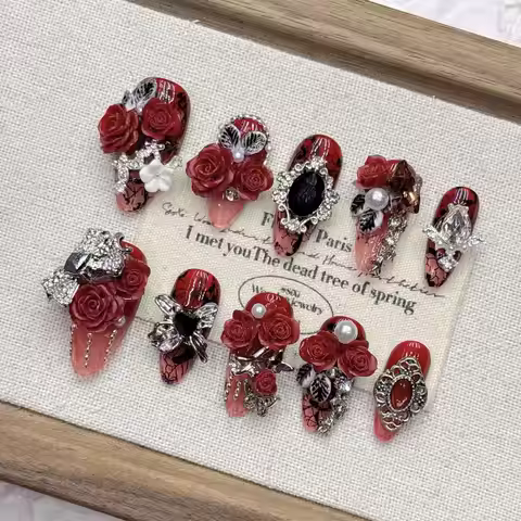 Gothic Red Rose Press On Nails With Rhinestones Metal Ornaments Pearls Multiple Sizes Red Black 3D R