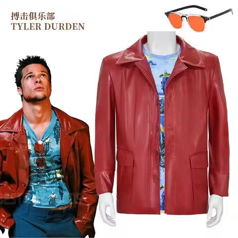 Adults Fight Club Tyler Jacket Cosplay Costume Movie Durden Leather Coat with Shirt Glasses Hallowee