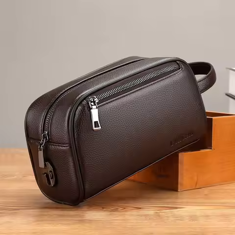 High Quality Top Layer Cowhide Double Zipper Men's Handbag Wallet Card Bag Password Lock Buckle Bag 