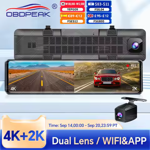 OBDPEAK H8 4K + 2K Dash cam GPS WIFI Front 4K Rear View Mirror Video Recorder2K Back Camera Registra