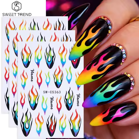 3pcs Rainbow Color Flame Nail Art Stickers Hot Neon Flame Line French Design Nail Decals DIY Summer 