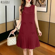 ZANZEA Korean Style Women Elegant Sleeveless Knee Length Dresses 3D Bowknot O-Neck Plain Dress #0720