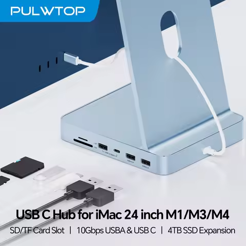 PULWTOP USB C HUB for iMac 24 inch M1/M3/M4, with USB C 10Gbps, 3*USB A, SD/TF, Support Expand M.2 S