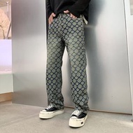 歐美潮牌牛仔提花褲子男痞帥滿印刺繡高街直筒牛仔褲巴家時尚長褲