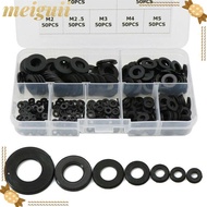 MEIGUII 350pcs Nylon Flat Washer Insulation Ring Black Gasket M2 M2.5 M3 M4 M5 M6 M8
