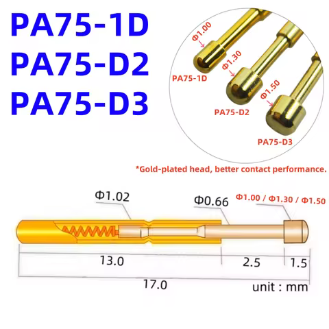 PA75-D2/D3/1D Spring Test Probe P75-D2/D3/1D PCB Test Pin Test Tool 17mm1.02mm Gold Needle Round Tip