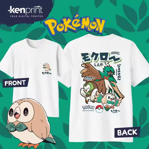 Bandai Pokémon Cartoon Rowlet Evolution 100% Cotton T-shirt Summer New Men/Women Fashionable Casual 