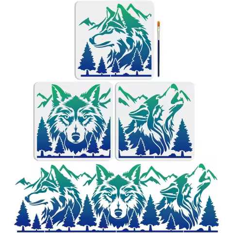 Wolf Mountain Forest Stencils 33x10 inch 3 Piece Set with Paint Brush Drawing Template for Wall Craf