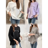 🫟Ready Stock @❣️3211 Diagonal Sleeve Wide Version Letter T (Three-Quarter Sleeve) Combed Cotton👍