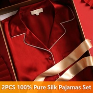 Female Real Silk Pajama Sleepwear 100% Pure Women's Pajamas Suits Long Top and Pant Silk Pajama