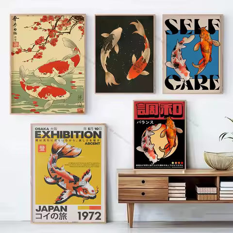 Koi Fish Print Japanese Koi Vintage Sardine Poster Asian Wall Art Zen Decor Minimalist Poster Water 