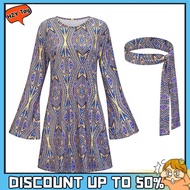 1970s Vintage Dress Retro Dress 70s Disco Party Costume Set with Headband Colorful Printed A-line Dr