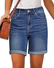 Jean Shorts for Women High Waisted Trendy Causal Summer Fold Hem Stretchy Long Denim Shorts 7 Inch I