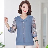 Áo kiểu trung niên nữ đẹp, Sơ mi tay phối họa tiết voan hoa cổ bẻ, Chất liệu thun cotton mềm mát, Qu