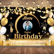1pc Customized Personalized Name & Birthday Blessing Text Backdrop, Black & Gold Color, Various Back