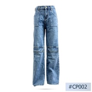 Niyom jeans #CP002 กางเกงผู้หญิง ทรงกระบอก แต่งกระเป๋า  ผ้าไม่ยืด   สียีนส์