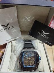 狂降~~~籌醫藥費，全新奢華時尚男士手錶，正版黑藍ONOLA6829品牌鏤空全自動機械手錶防水雙轉飛輪潮流夜光機械錶，便宜售~~~